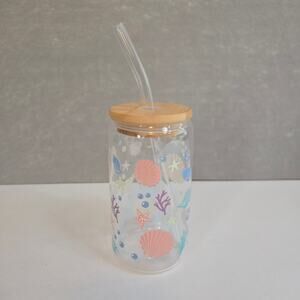 Glass Can Tumbler +Lid+Glass Straw Seashell Beach Ocean Themed 16 oz - NEW